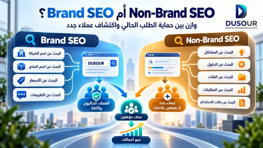 SEO للشركات الناشئة: كيف تبني نموًا طويل المدى؟ | 2026 إنفوجرافيك يقارن بين Brand SEO وNon-Brand SEO للوصول إلى العملاء الحاليين واكتشاف جمهور جديد وتحقيق نمو تجاري.