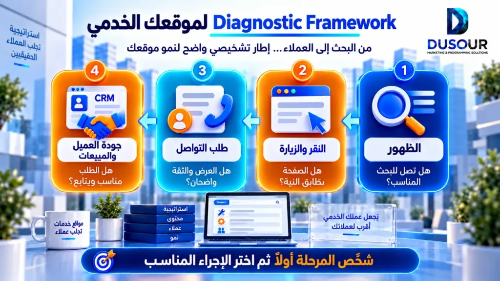 إنفوجرافيك يوضح إطار Diagnostic Framework لتشخيص موقع الخدمات عبر الظهور والنقر والزيارة