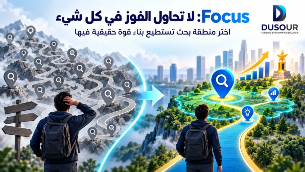 SEO للشركات الناشئة: كيف تبني نموًا طويل المدى؟ | 2026 إنفوجرافيك يوضح أهمية التركيز في SEO عبر اختيار قطاع ومشكلة وحالة استخدام محددة بدل استهداف جميع الكلمات العامة.