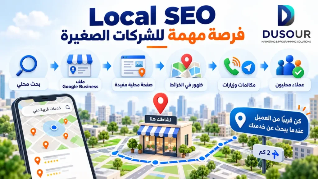 إنفوجرافيك يوضح أهمية Local SEO للشركات الصغيرة عبر البحث المحلي وملف Google Business والخرائط وجذب العملاء القريبين