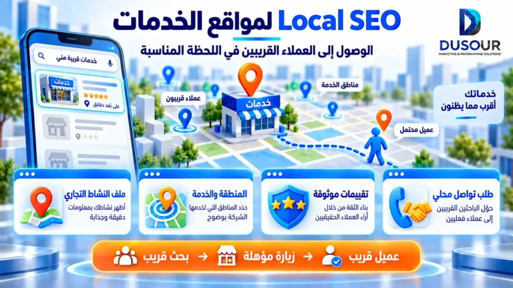 إنفوجرافيك يوضح دور Local SEO لمواقع الخدمات في تحسين الظهور المحلي وجذب العملاء