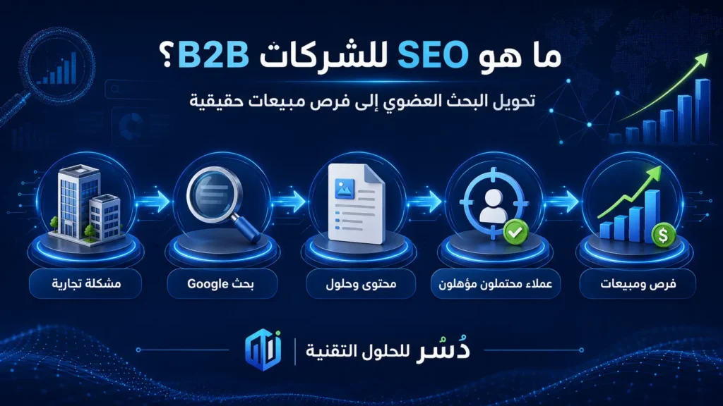 إنفوجرافيك يوضح دور SEO للشركات B2B في تحويل البحث عبر Google إلى عملاء محتملين وفرص مبيعات