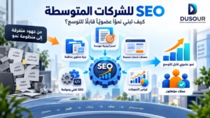 إنفوجرافيك يوضح استراتيجية SEO للشركات المتوسطة عبر تنظيم المحتوى والخدمات والسيو التقني وقياس التحويلات لجذب عملاء مؤهلين.