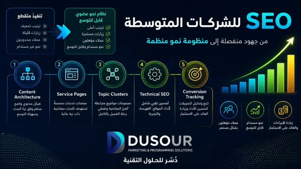 SEO للشركات: كيف تحول البحث العضوي إلى مصدر مستمر للعملاء؟ | 2026 إنفوجرافيك يوضح استراتيجية SEO للشركات المتوسطة لبناء نمو عضوي قابل للتوسع عبر المحتوى وصفحات الخدمات والتحسين التقني وقياس التحويلات