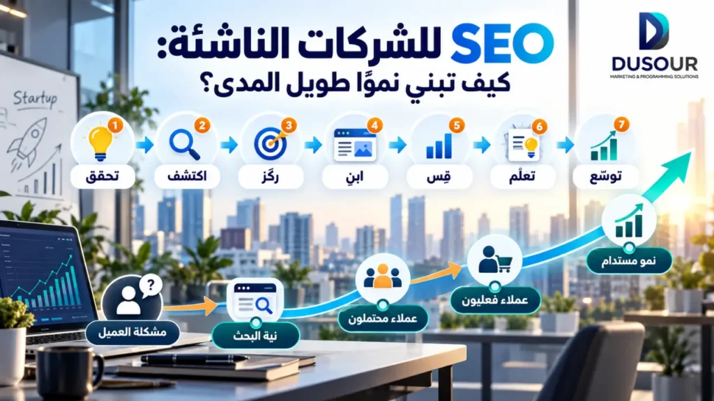 إنفوجرافيك يوضح مراحل بناء نمو SEO للشركات الناشئة من التحقق من السوق إلى جذب العملاء والتوسع المستدام.