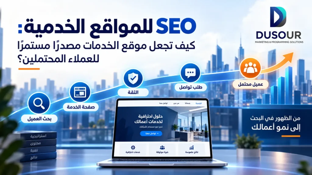 إنفوجرافيك يوضح كيف يحول SEO للمواقع الخدمية بحث العملاء إلى صفحات خدمة وثقة وطلبات تواصل وعملاء محتملين.