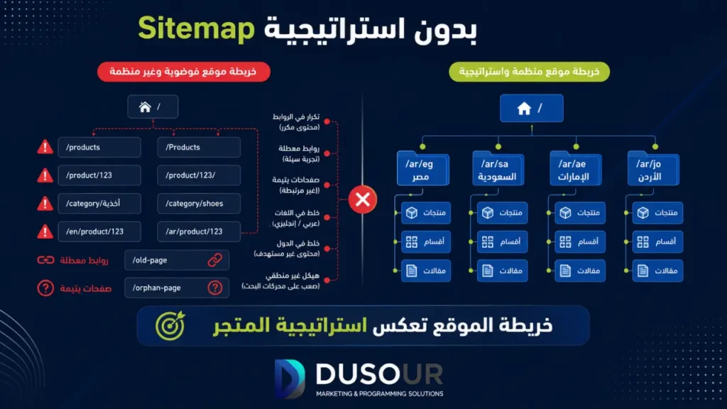 SEO للمتاجر متعددة الدول | بناء صفحات أسواق فعالة وتحسين الظهور العالمي | 2026 Sitemap بدون استراتيجية واضحة الأخطاء وتأثيرها على SEO