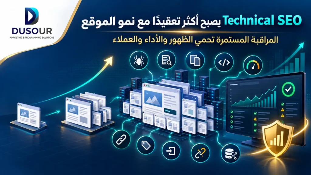 إنفوجرافيك يوضح تعقّد Technical SEO مع نمو الموقع ومراقبة الفهرسة والزحف والسرعة والروابط والبيانات المنظمة.