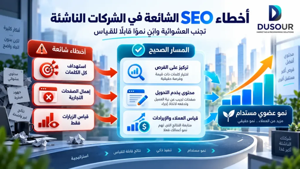 SEO للشركات الناشئة: كيف تبني نموًا طويل المدى؟ | 2026 إنفوجرافيك يوضح أخطاء SEO للشركات الناشئة وحلولها عبر التركيز والصفحات التجارية وقياس العملاء والإيرادات