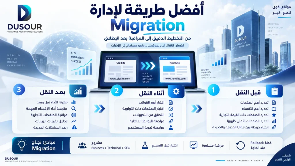 تصميم إنفوجرافيك يوضح أفضل طريقة لإدارة SEO Migration للمواقع الكبيرة عبر ثلاث مراحل
