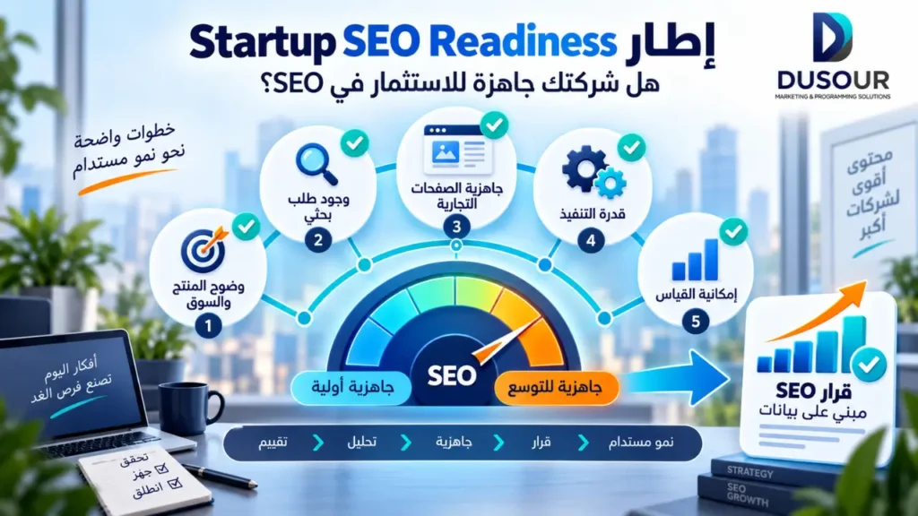 SEO للشركات الناشئة: كيف تبني نموًا طويل المدى؟ | 2026 إنفوجرافيك يوضح إطار جاهزية SEO للشركات الناشئة عبر السوق والطلب والصفحات التجارية والتنفيذ وقياس النتائج