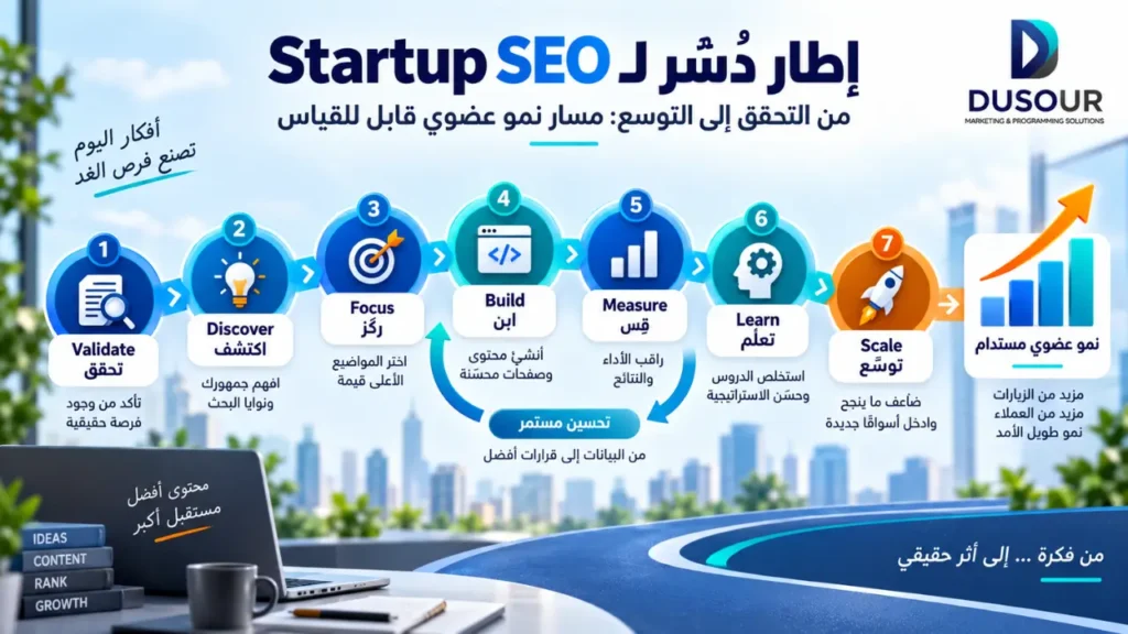 SEO للشركات الناشئة: كيف تبني نموًا طويل المدى؟ | 2026 إنفوجرافيك يوضح إطار دُسُر لـ SEO للشركات الناشئة عبر التحقق والاكتشاف والتركيز والبناء والقياس والتعلم والتوسع