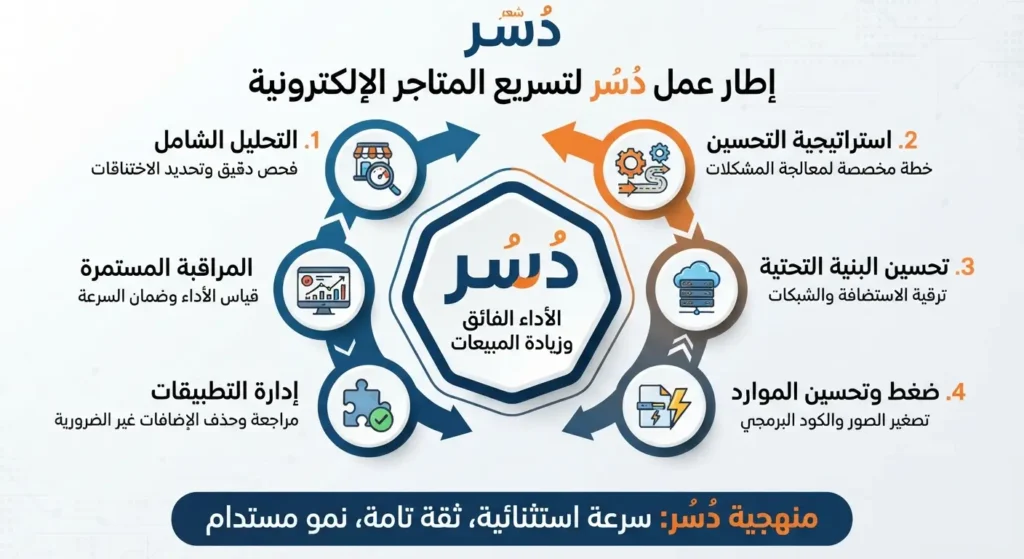 إنفوجرافيك يوضح إطار عمل دُسُر الاحترافي لتسريع المتاجر الإلكترونية وتحسين الأداء والبنية التحتية.