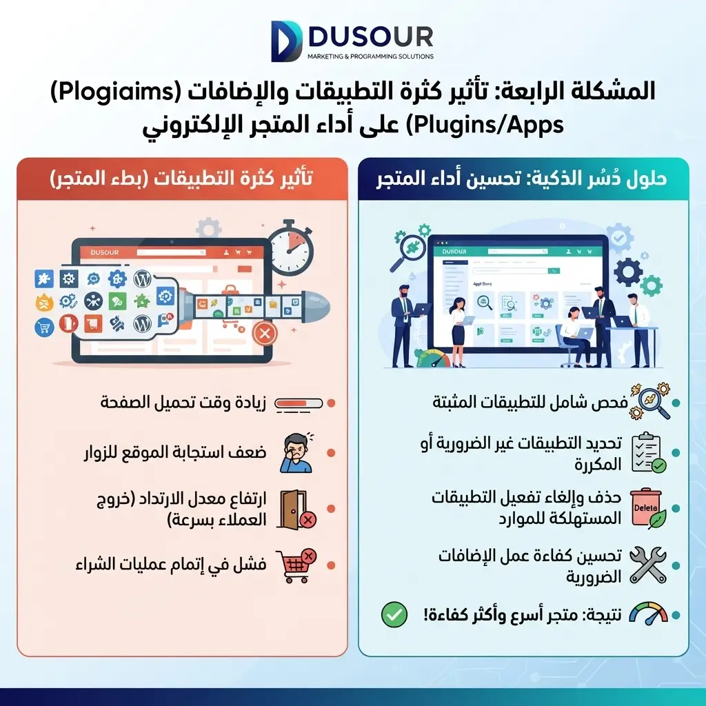 إنفوجرافيك يوضح تأثير كثرة التطبيقات والإضافات على بطء أداء المتجر الإلكتروني