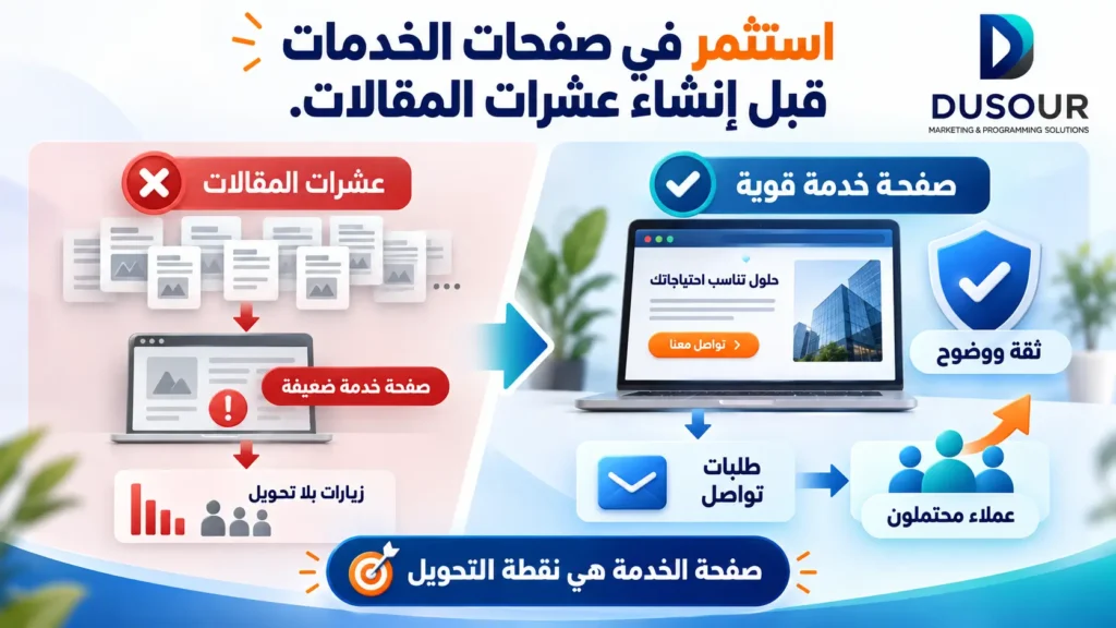إنفوجرافيك يقارن بين إنشاء عشرات المقالات وصفحة خدمة ضعيفة والاستثمار في صفحة قوية تحقق الثقة وطلبات التواصل والعملاء