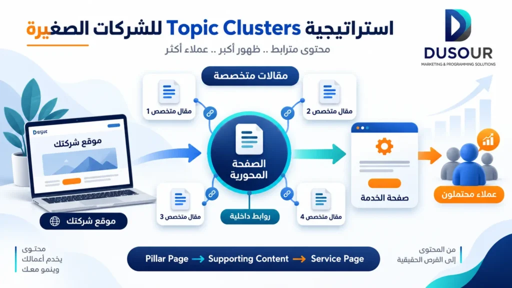 إنفوجرافيك يوضح استراتيجية Topic Clusters للشركات الصغيرة عبر الصفحة المحورية والمقالات المتخصصة والروابط الداخلية وصفحة الخدمة