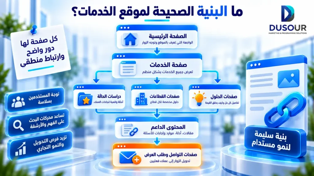 إنفوجرافيك يوضح البنية الصحيحة لموقع الخدمات من الصفحة الرئيسية وصفحات الخدمات والحلول إلى المحتوى الداعم وصفحات التواصل.
