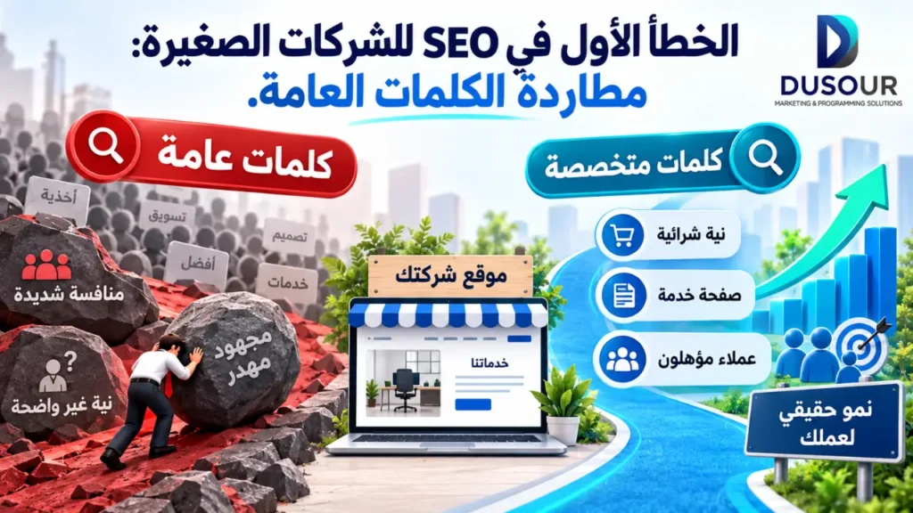 إنفوجرافيك يوضح خطأ مطاردة الكلمات العامة في SEO ومزايا استهداف الكلمات المتخصصة ذات النية الشرائية لجذب العملاء
