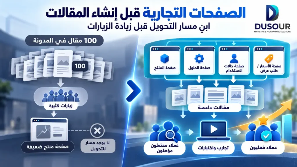 SEO للشركات الناشئة: كيف تبني نموًا طويل المدى؟ | 2026 إنفوجرافيك يقارن بين كثرة المقالات وصفحة منتج ضعيفة وبناء صفحات تجارية قوية تحول الزيارات إلى تجارب وعملاء.