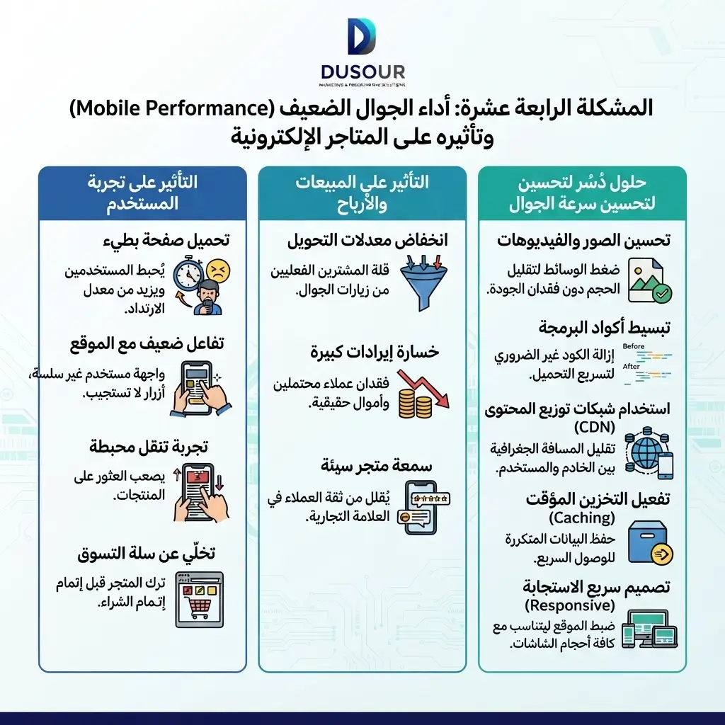 إنفوجرافيك يوضح مشكلة ضعف أداء المتجر الإلكتروني على الهواتف المحمولة وتأثيرها على المبيعات