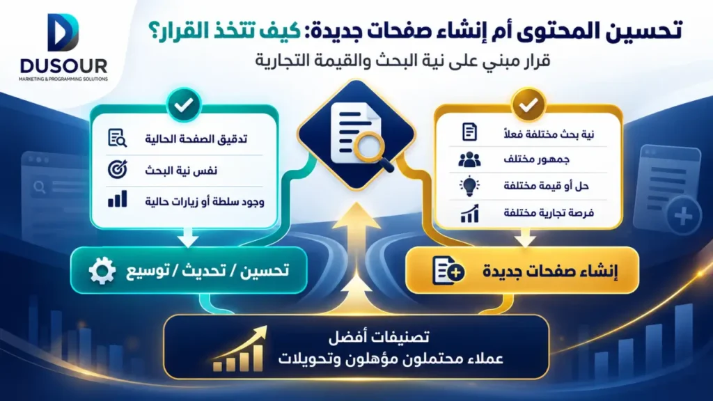 إنفوجرافيك يوضح الفرق بين تحسين المحتوى وإنشاء صفحة جديدة وفق نية البحث والقيمة التجارية وفرص جذب العملاء.