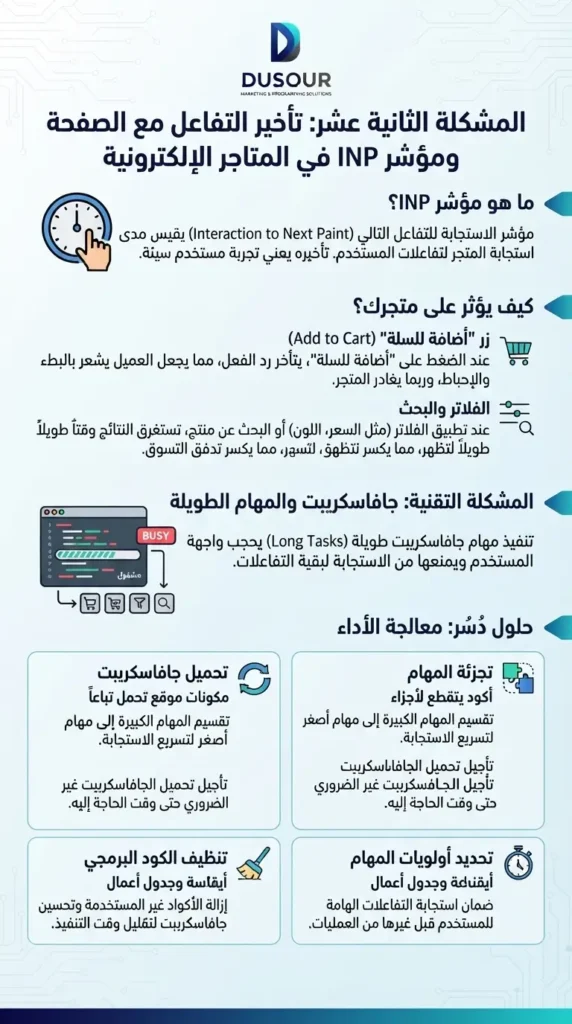 إنفوجرافيك يوضح مشكلة تأخير التفاعل مع الصفحة ومؤشر INP في المتاجر الإلكترونية وحلول دُسُر لمعالجة مهام الجافاسكريبت الطويلة.
