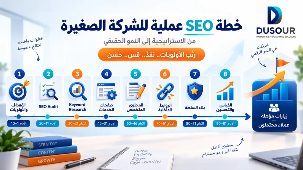 إنفوجرافيك يوضح خارطة طريق SEO للشركة الصغيرة من تحديد الأولويات والتدقيق إلى المحتوى والروابط والقياس وجذب العملاء