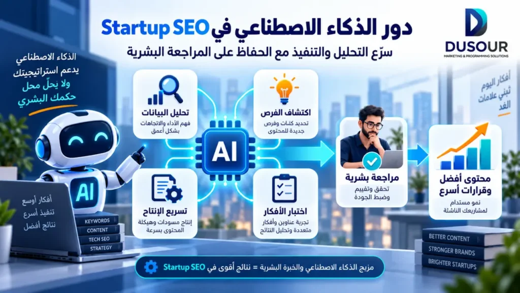 SEO للشركات الناشئة: كيف تبني نموًا طويل المدى؟ | 2026 إنفوجرافيك يوضح دور الذكاء الاصطناعي في SEO للشركات الناشئة عبر التحليل واكتشاف الفرص