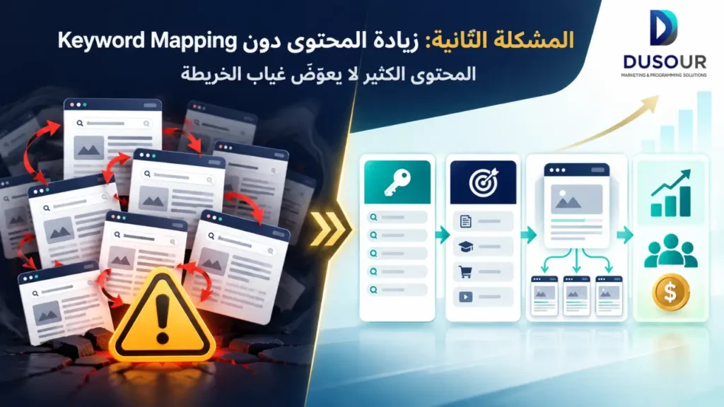 إنفوجرافيك يوضح مشكلة زيادة المحتوى دون Keyword Mapping وتأثيرها على تنافس الصفحات والظهور وجذب العملاء المحتملين.