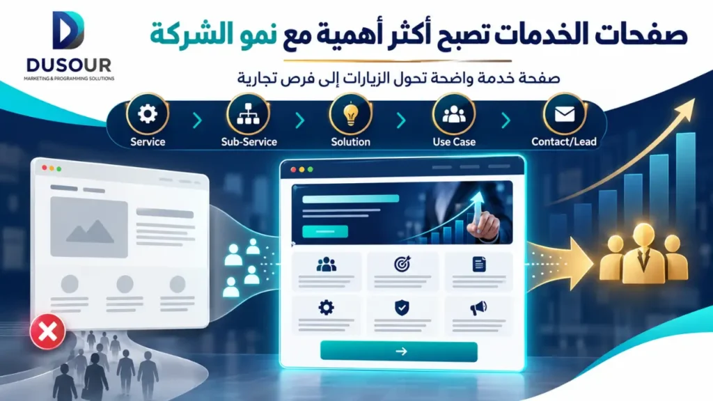 إنفوجرافيك يوضح أهمية صفحات الخدمات في نمو الشركة ودورها في شرح الحلول وبناء الثقة وتحويل الزيارات إلى عملاء.
