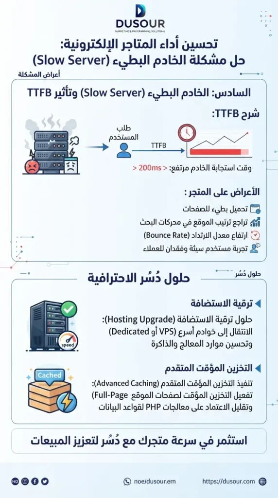 إنفوجرافيك يوضح مشكلة الخادم البطيء (Slow Server) ووقت الاستجابة TTFB في المتاجر الإلكترونية