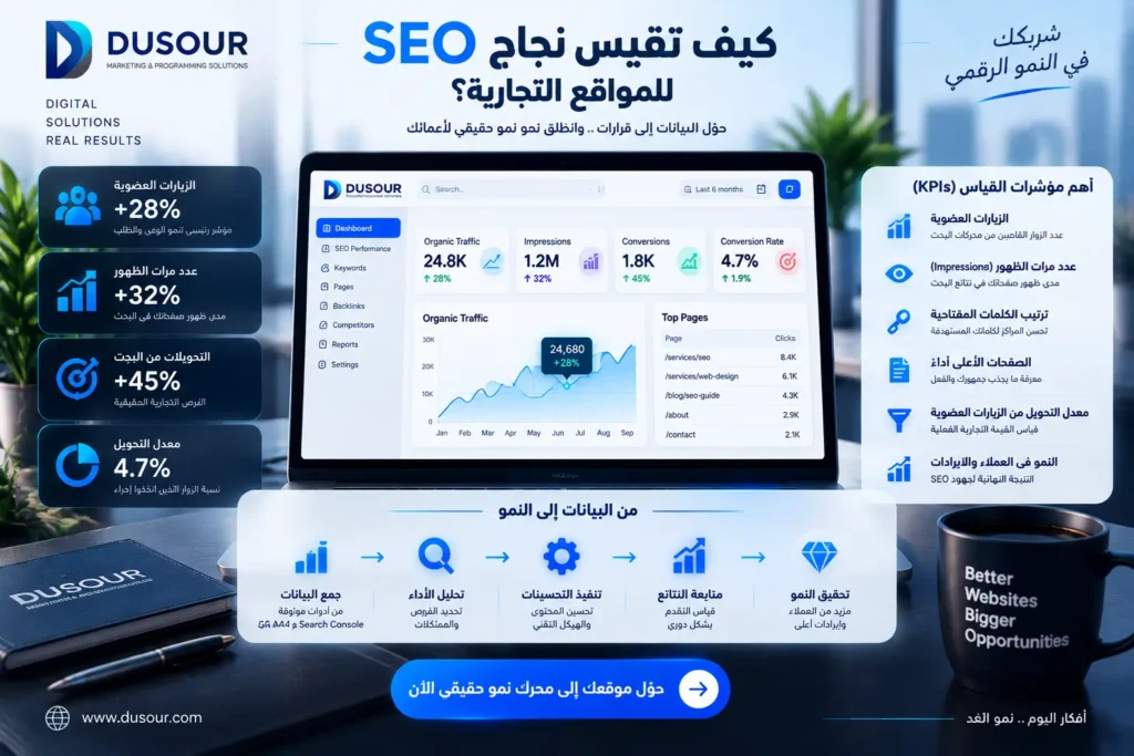 لوحة تحكم توضح مؤشرات قياس نجاح SEO للمواقع التجارية