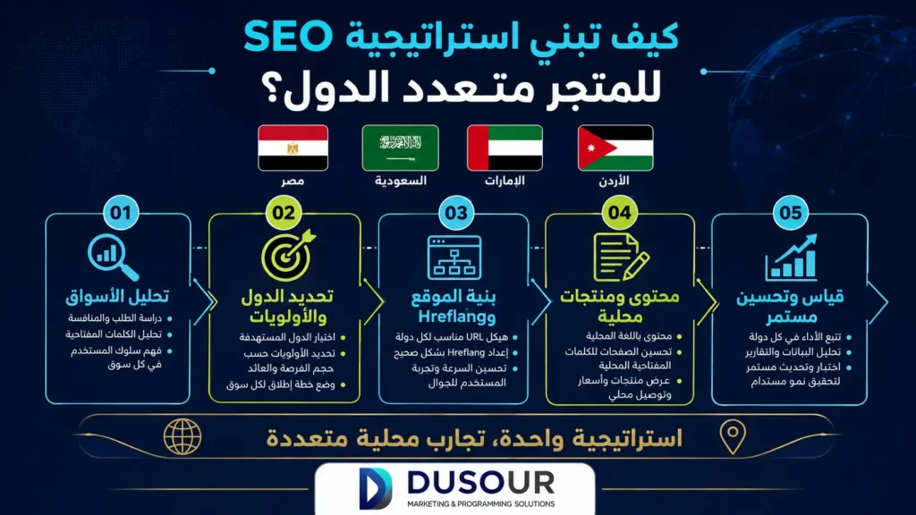 SEO للمتاجر متعددة الدول | بناء صفحات أسواق فعالة وتحسين الظهور العالمي | 2026 كيف تبني استراتيجية SEO للمتجر متعدد الدول؟