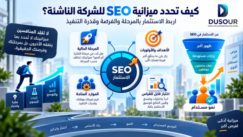 SEO للشركات الناشئة: كيف تبني نموًا طويل المدى؟ | 2026 إنفوجرافيك يوضح تحديد ميزانية SEO للشركة الناشئة وفق المرحلة والأهداف والموارد والاختبار والنتائج التجارية