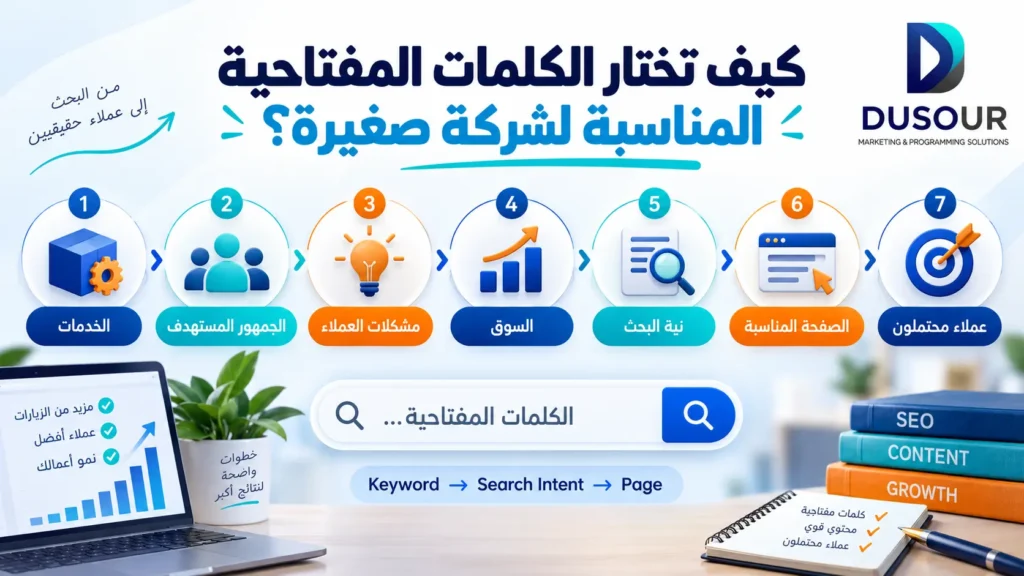 إنفوجرافيك يوضح اختيار الكلمات المفتاحية للشركات الصغيرة عبر الخدمات والجمهور ومشكلات العملاء والسوق ونية البحث والعملاء