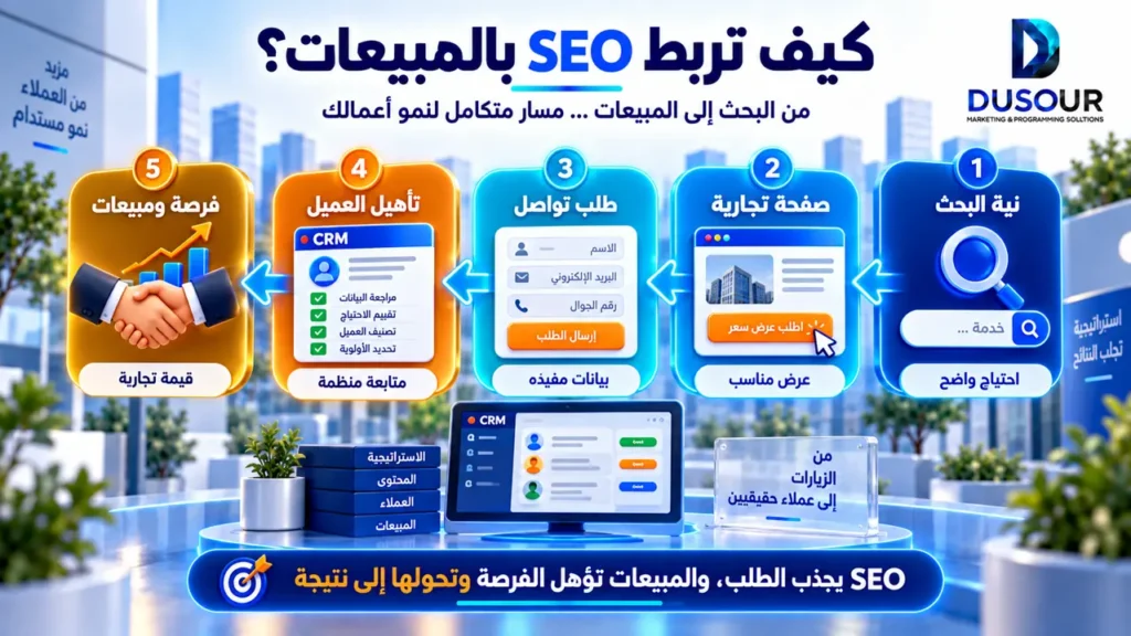 إنفوجرافيك يوضح ربط SEO بالمبيعات عبر نية البحث والصفحة التجارية وطلب التواصل