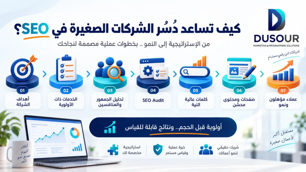 إنفوجرافيك يوضح منهجية دُسُر لمساعدة الشركات الصغيرة في SEO عبر تحليل الأهداف والخدمات والكلمات والمحتوى وجذب العملاء