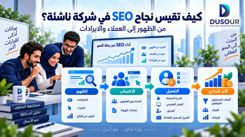 SEO للشركات الناشئة: كيف تبني نموًا طويل المدى؟ | 2026 إنفوجرافيك يوضح قياس نجاح SEO للشركات الناشئة عبر الظهور والاكتساب والتفعيل والعملاء المؤهلين والإيرادات.