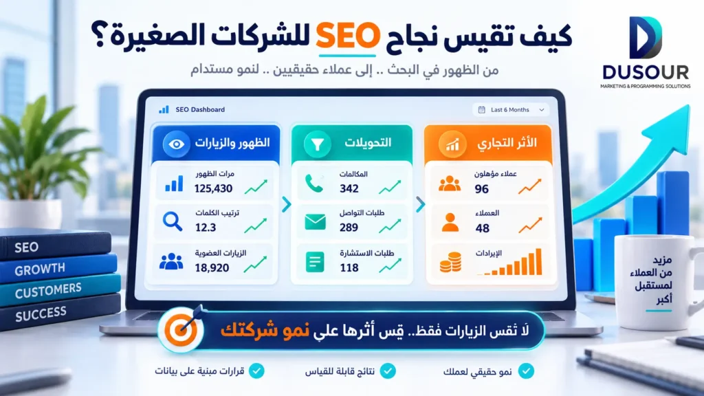 إنفوجرافيك يوضح قياس نجاح SEO للشركات الصغيرة عبر الظهور والزيارات والتحويلات والعملاء المؤهلين والإيرادات
