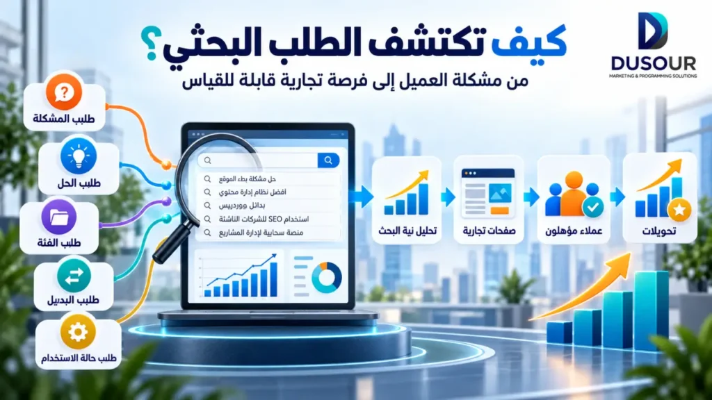 SEO للشركات الناشئة: كيف تبني نموًا طويل المدى؟ | 2026 إنفوجرافيك يوضح أنواع الطلب البحثي من مشكلة العميل والحل والفئة والبدائل إلى حالات الاستخدام والفرص التجارية.