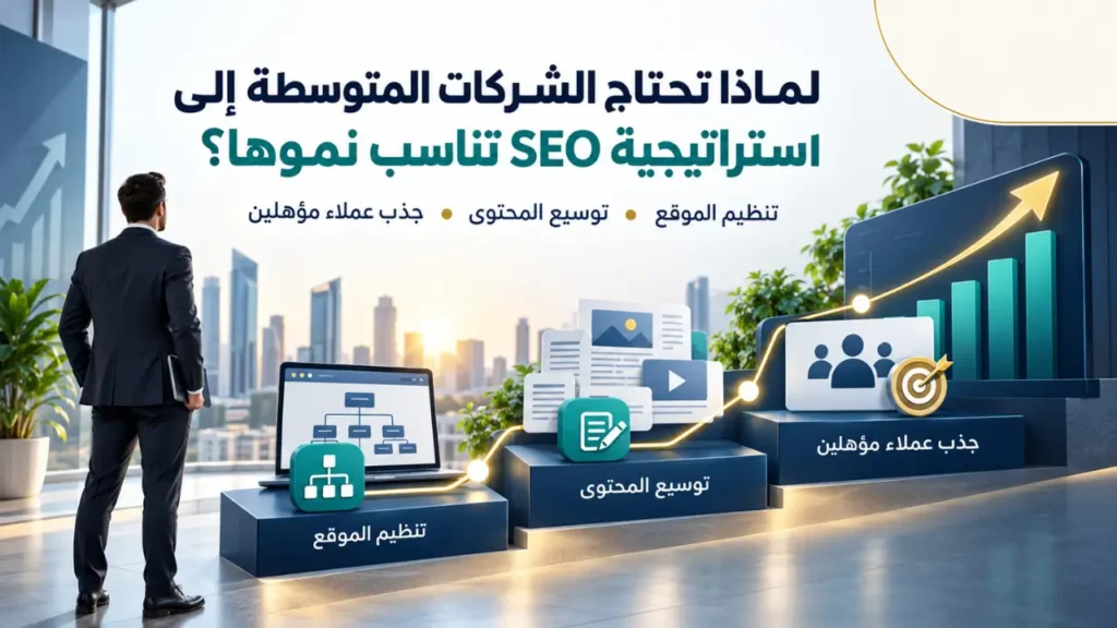 تصميم يوضح حاجة الشركات المتوسطة إلى استراتيجية SEO منظمة تدعم نمو الموقع والمحتوى وتجذب عملاء مؤهلين.