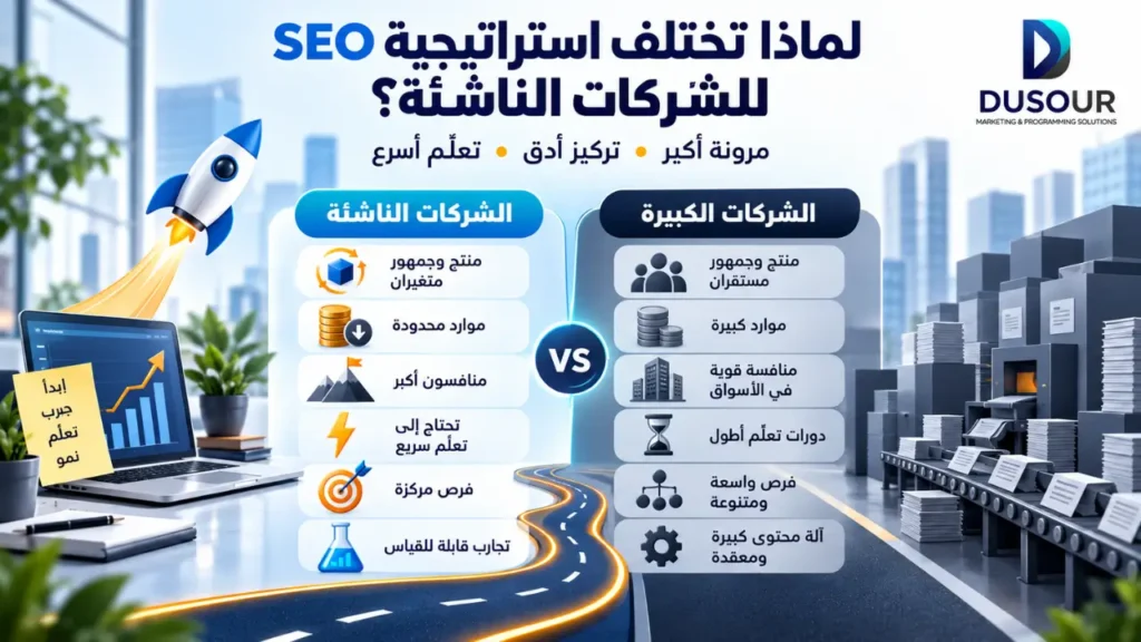SEO للشركات الناشئة: كيف تبني نموًا طويل المدى؟ | 2026 إنفوجرافيك يوضح اختلاف SEO للشركات الناشئة بسبب تغير المنتج ومحدودية الموارد والحاجة إلى التركيز والتعلم السريع.