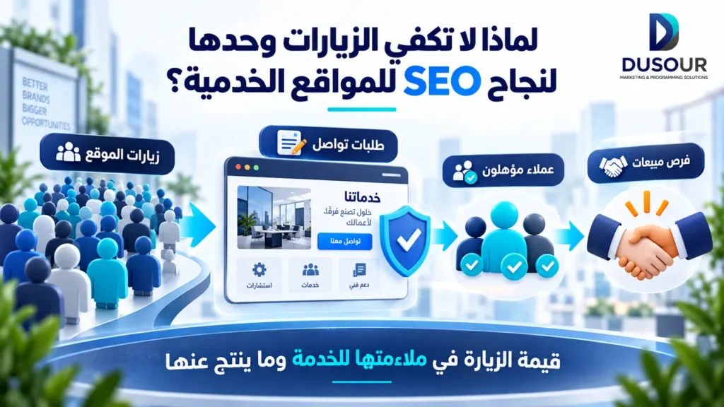 إنفوجرافيك بشعار دُسُر يوضح انتقال زيارات الموقع الخدمي إلى طلبات تواصل وعملاء مؤهلين وفرص مبيعات.