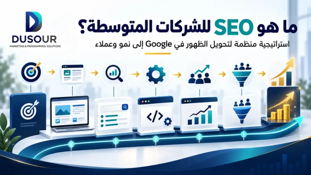 إنفوجرافيك يوضح مفهوم SEO للشركات المتوسطة ودوره في تنظيم الموقع وجذب الزيارات وتحويلها إلى عملاء ومبيعات.