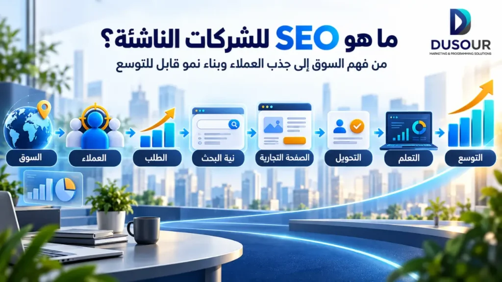 SEO للشركات الناشئة: كيف تبني نموًا طويل المدى؟ | 2026 إنفوجرافيك يوضح SEO للشركات الناشئة من تحليل السوق والطلب إلى بناء الصفحات التجارية وتحويل الزيارات إلى عملاء.