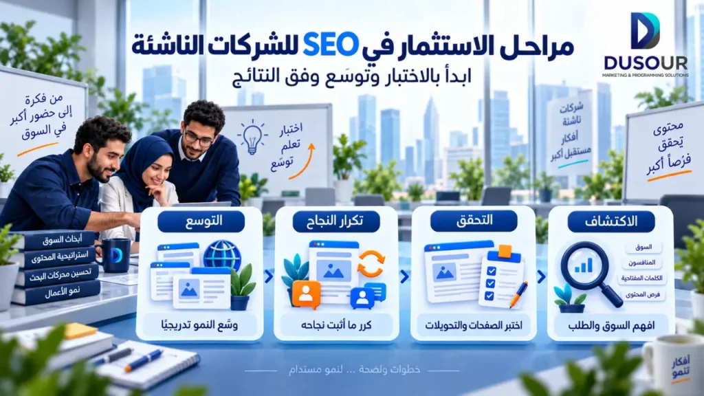 SEO للشركات الناشئة: كيف تبني نموًا طويل المدى؟ | 2026 إنفوجرافيك يوضح مراحل استثمار الشركات الناشئة في SEO من اكتشاف السوق والتحقق إلى تكرار النجاح والتوسع التدريجي.