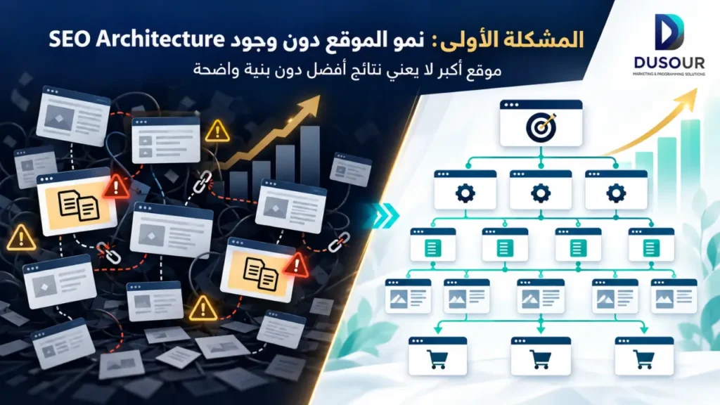 إنفوجرافيك يوضح مشكلة نمو الموقع دون SEO Architecture وتأثيرها على الصفحات والروابط الداخلية وفرص التوسع والعملاء.