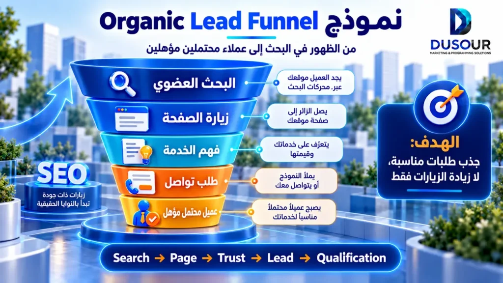 إنفوجرافيك يوضح نموذج Organic Lead Funnel من البحث العضوي وزيارة الصفحة إلى فهم الخدمة